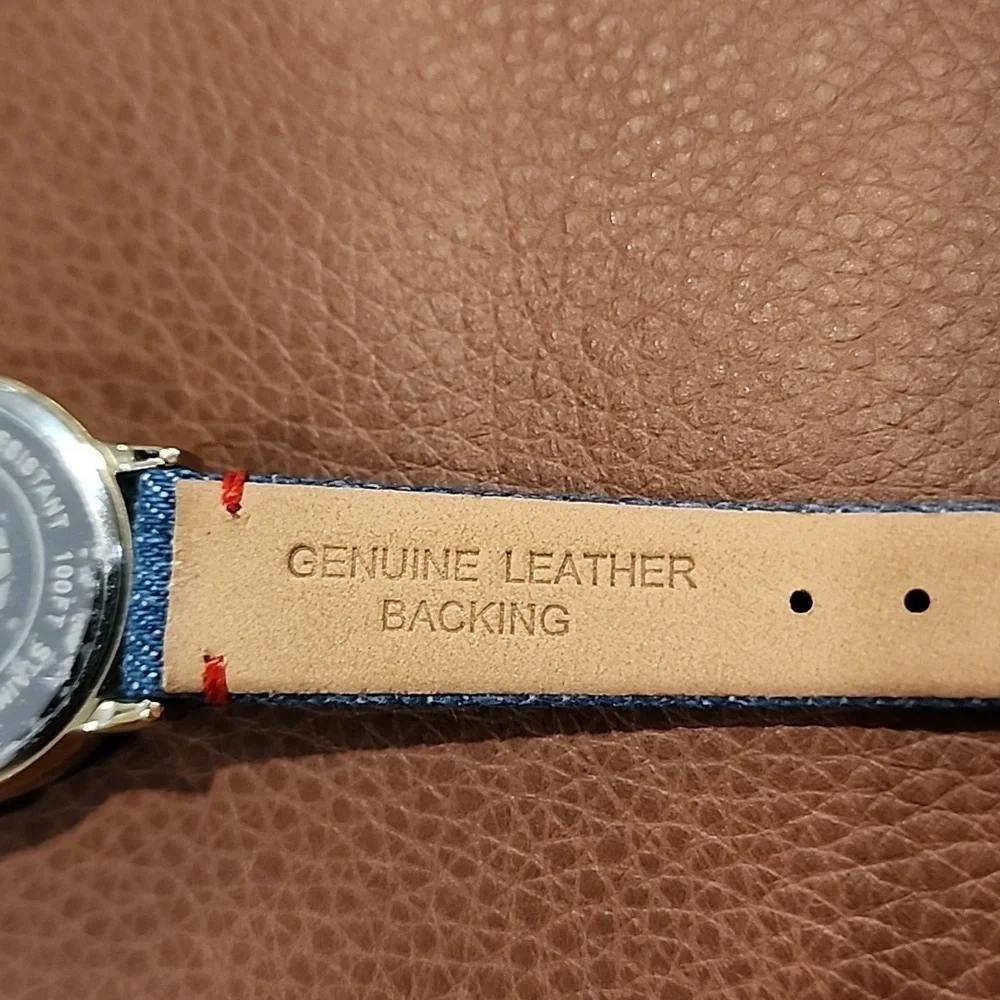 Anne Klein Gold Watch with Denim Blue And Red Strap Ladies Watch